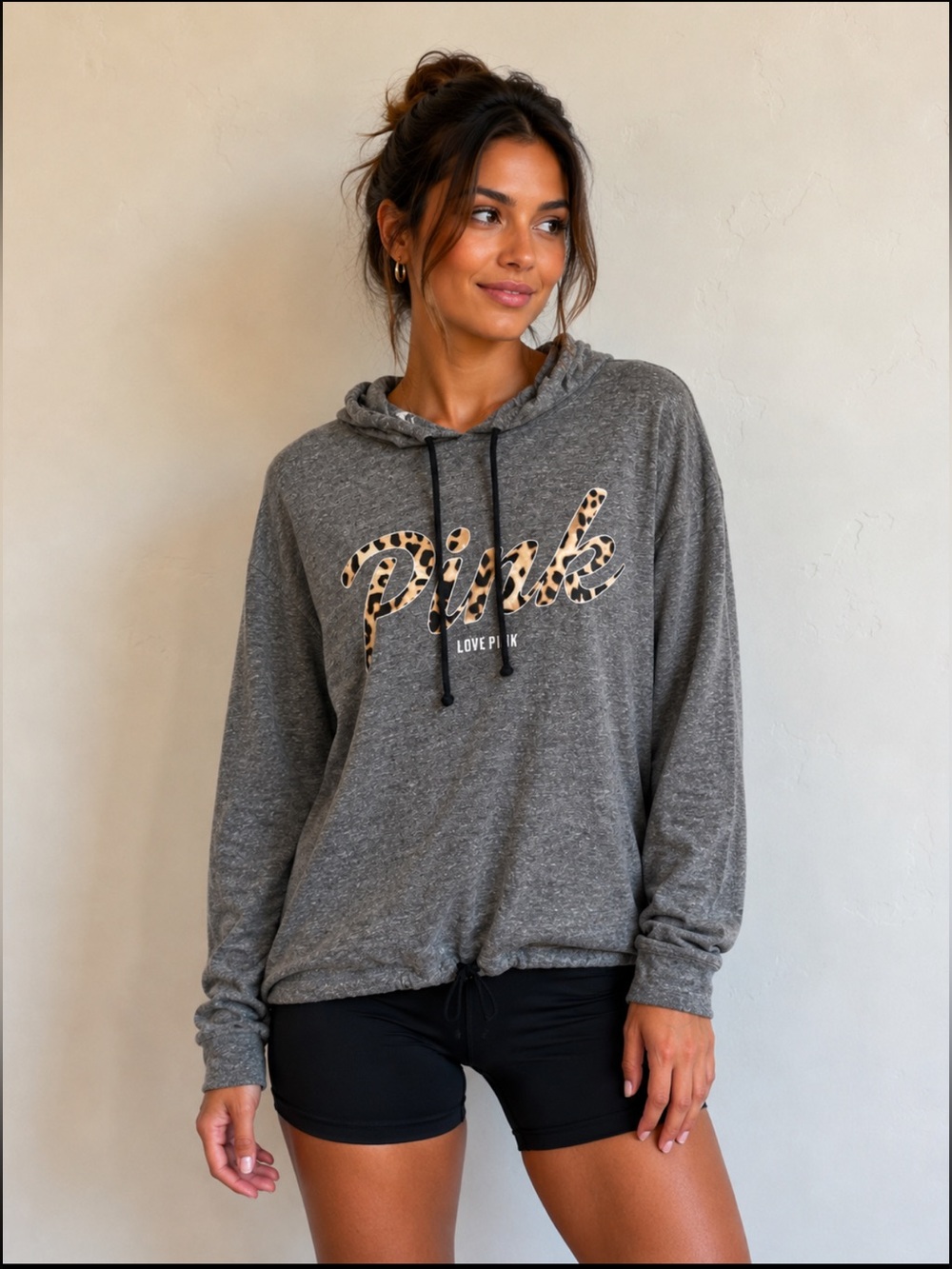 PINK Victoria’s Secret Heathered Gray Leopard 100% Cotton Hooded Long Sleeve Top